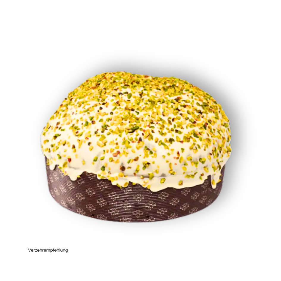 Panettone Pistacchio. Handgefertigt mit Pistazie verfeinert & weißer Schokolade übergossen von Amari in der Toskana