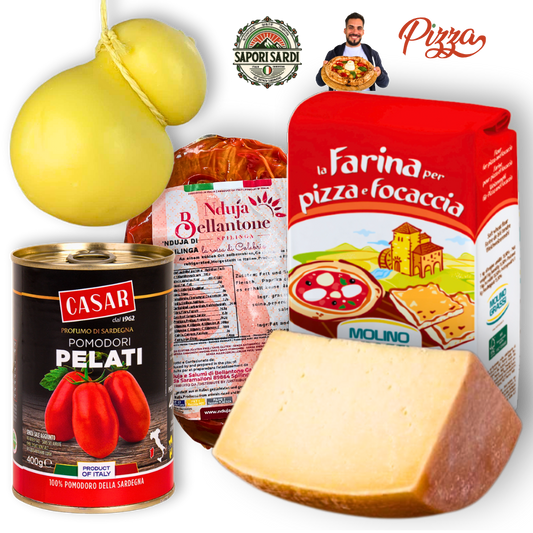 Pizza Rezept Paket Viennapoli Napoletana mit Scamorza, PEcorino Sardo, Nduja, Pelati und Farina 00