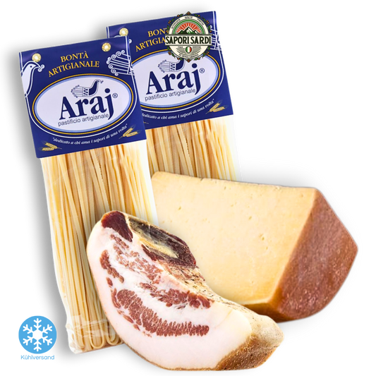 Spaghetti Carbonara Rezept Paket für 8-12 Portionen. Original mit handgemachten Spaghetti und Guanciale sowie Pecorino aus Sardinien.